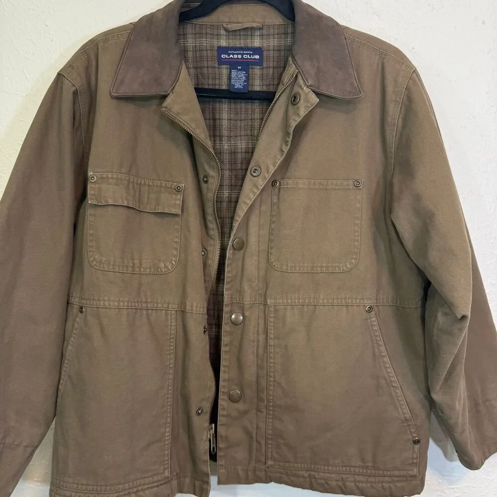 Class Club Boys Brown Canvas Barn Jacket Fall Plaid Lined Size M 10-12